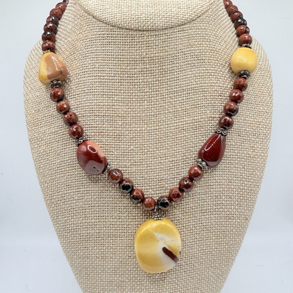 Red & Yellow Stone Beaded Boho Pendant Necklace w/ 925 Clasp 18"